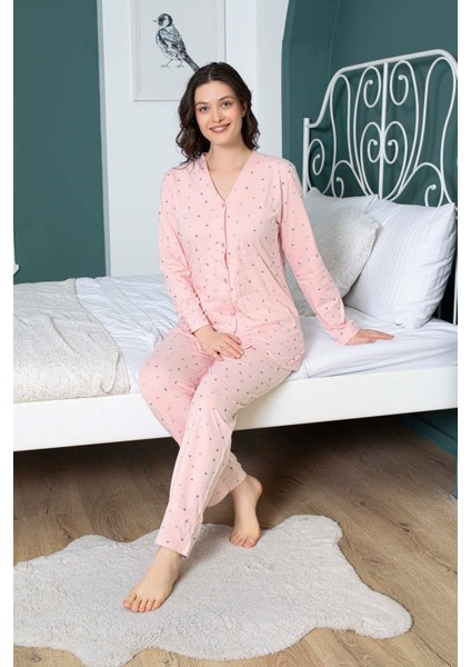 Kadın V Yaka Önden Düğmeli %100 Pamuk Uzun Kol Cepli Pijama Takımı fırsatları