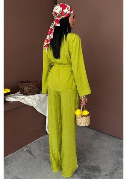 Kruvaze Model Klasik Pantolonlu Çupra Keten Takım 10191