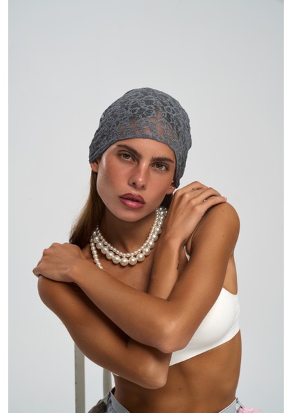 Miray Üçgen Kesim Antrasit Dantel Bandana