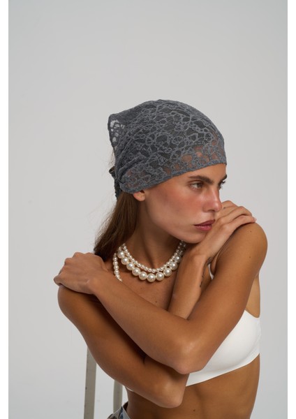 Miray Üçgen Kesim Antrasit Dantel Bandana modelleri