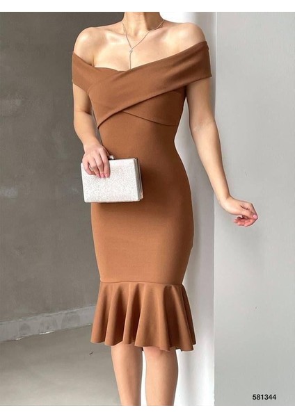 Ithal Krep Kumaş Madonna Yaka Volanlı Kahve Reng Elbise 581344