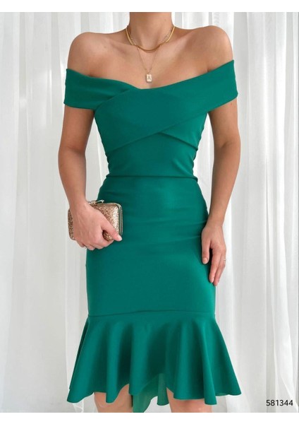 Ithal Krep Kumaş Madonna Yaka Volanlı Yeşil Elbise 581344 modelleri