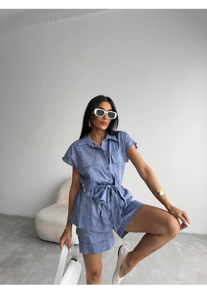 Keten Bağlamalı Kolsuz Gömlek - Duble Paça Şort Takım - Lacivert modelleri