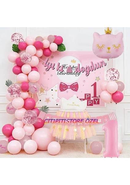 Pembe Kız Çocuklarına Özel Kedi Folyolu Balon Zincir Set fiyatları