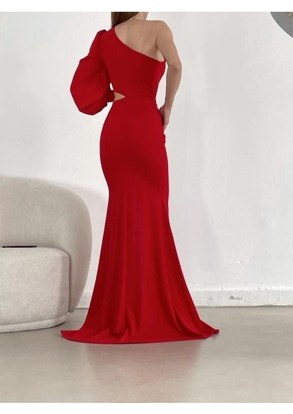 Tek Kol Derin Yırtmaçlı Krep Gece Elbisesi Abiye 582286 Kirmizi fırsatları