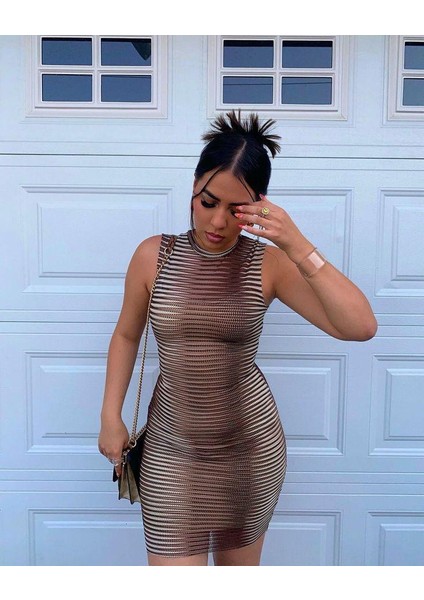 Kadın Sıfır Kol Desenli Mini Bodycon Dalgıç Elbise