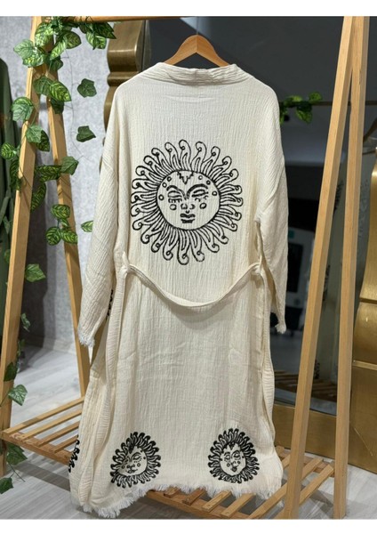 Müslin Kimono %100 Pamuklu Güneş Baskılı Desenli Bornoz Kaftan Sabahlık