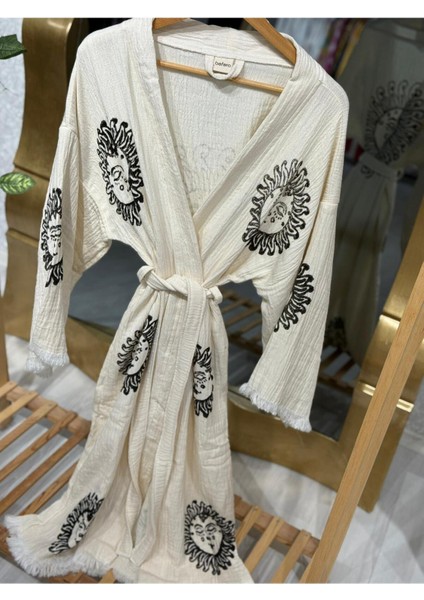Müslin Kimono %100 Pamuklu Güneş Baskılı Desenli Bornoz Kaftan Sabahlık
