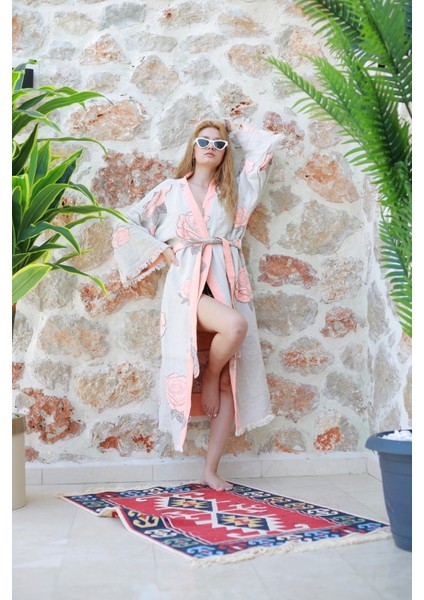 Müslin Kimono %100 Pamuklu Frida Desenli Jakarlı Bornoz Kaftan Sabahlık modelleri