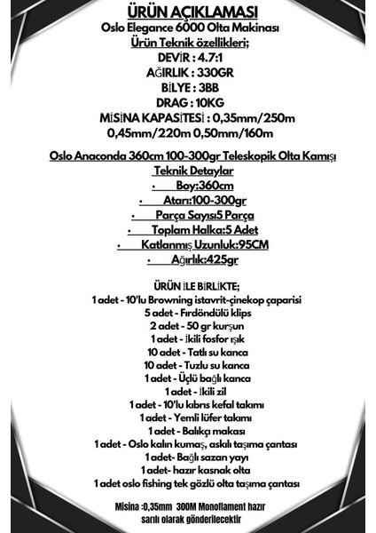 Elegance 6000 Oslo Anaconda 360CM 100-300GR Göl ve Deniz Olta Seti fiyatları