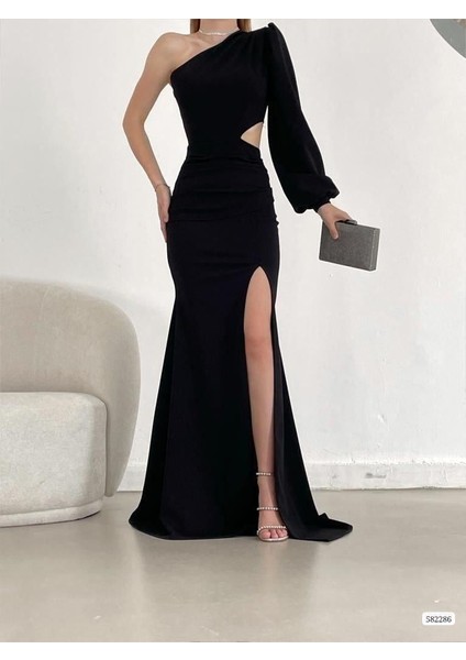 Tek Kol Derin Yırtmaçlı Krep Gece Elbisesi Abiye 582286 Siyah fırsatları