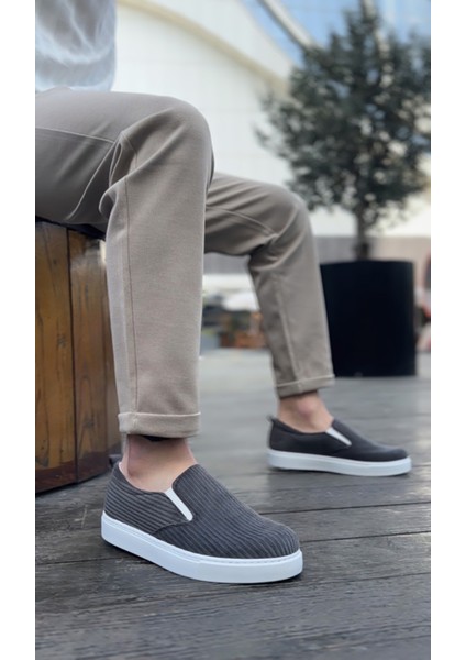 ET0339 Bağcıksız Kadife Gri Beyaz Taban Günlük Erkek Ayakkabı