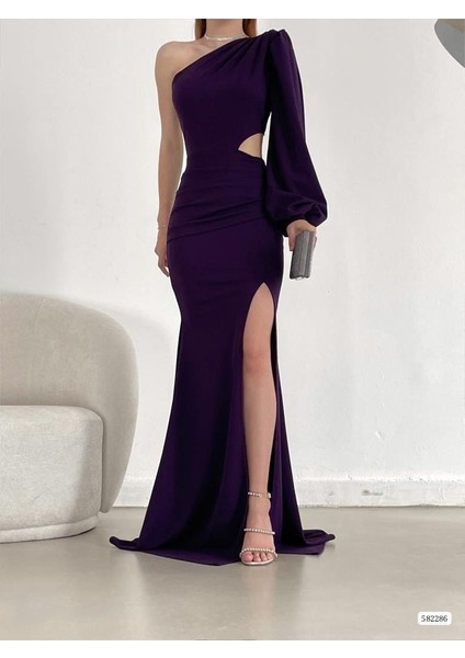 Tek Kol Derin Yırtmaçlı Krep Gece Elbisesi Abiye 582286 Mor