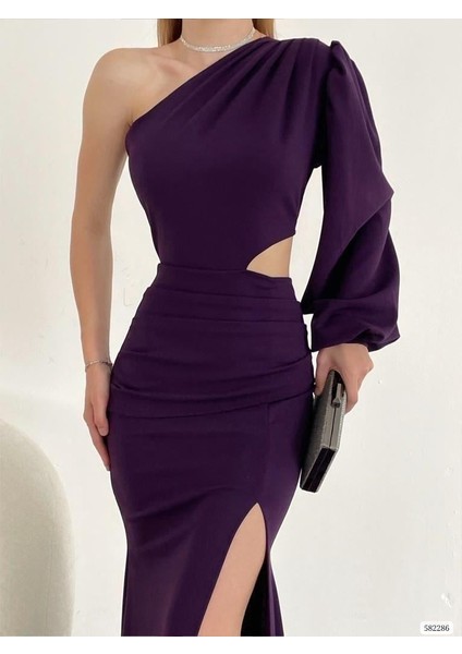 Tek Kol Derin Yırtmaçlı Krep Gece Elbisesi Abiye 582286 Mor fiyatları