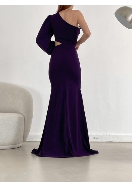 Tek Kol Derin Yırtmaçlı Krep Gece Elbisesi Abiye 582286 Mor fırsatları