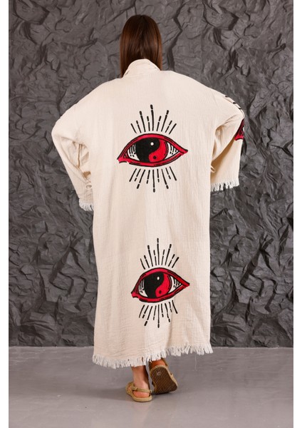 Müslin Kimono %100 Pamuklu Yin Yang Göz Baskılı Desenli Bornoz Kaftan Sabahlık