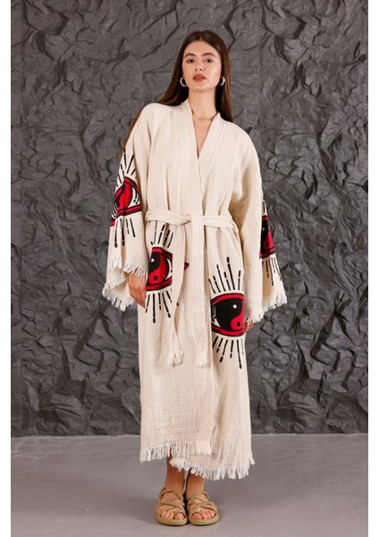 Müslin Kimono %100 Pamuklu Yin Yang Göz Baskılı Desenli Bornoz Kaftan Sabahlık fiyatları