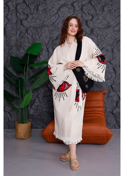 Müslin Kimono %100 Pamuklu Yin Yang Göz Baskılı Desenli Bornoz Kaftan Sabahlık indirimleri