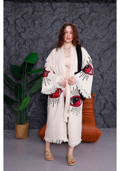 Müslin Kimono %100 Pamuklu Yin Yang Göz Baskılı Desenli Bornoz Kaftan Sabahlık