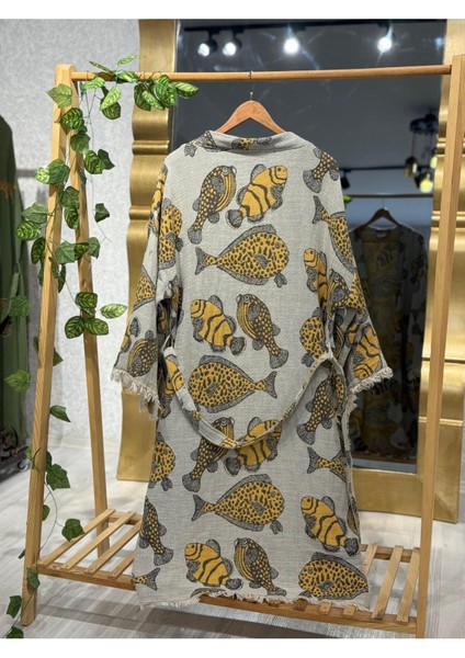 Müslin Kimono %100 Pamuklu Balık Desenli Jakarlı Bornoz Kaftan Sabahlık