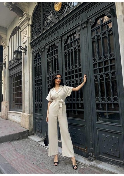 Keten Tulum Bel Bağlama Detaylı - Krem