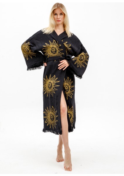 Müslin Kimono %100 Pamuklu Güneş Baskılı Desenli Bornoz Kaftan Sabahlık