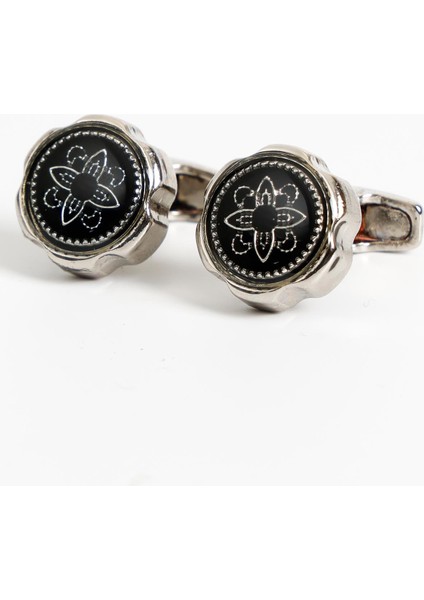 Gümüş Renk Siyah Yuvarlak Desenli Kol Düğmesi KD:7002 fiyatları