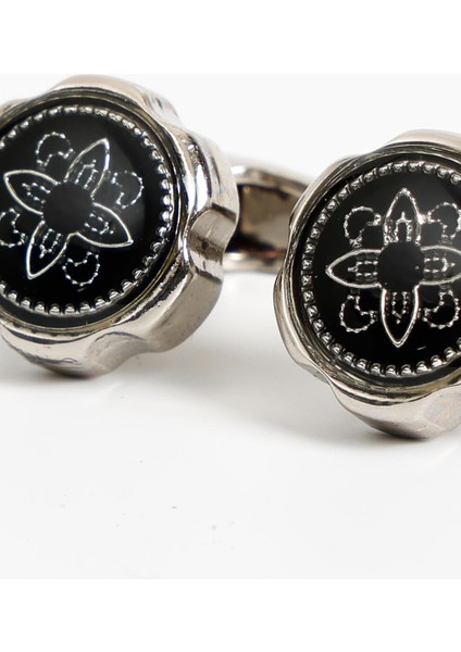 Gümüş Renk Siyah Yuvarlak Desenli Kol Düğmesi KD:7002 modelleri