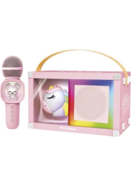 Taşınabilir Rgb Işılı Sevimli Figürlü Mikrofonlu Karaoke Bluetooth Hoparlör Pembe