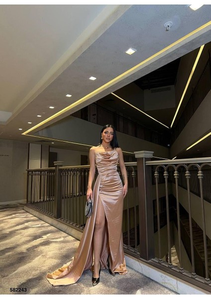 Ince Askılı Göğüs Drapeli Saten Elbise Vızon 582243