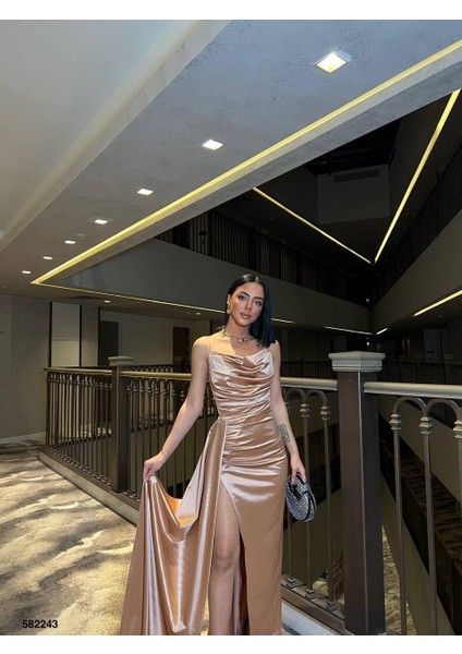 Ince Askılı Göğüs Drapeli Saten Elbise Vızon 582243 fiyatları