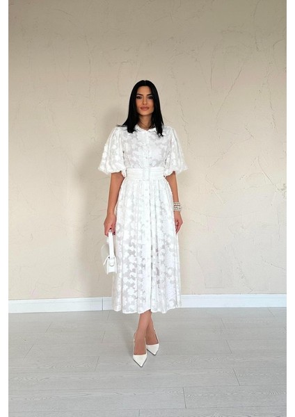 Ekru Kemerli Balon Kollu Elbise fiyatları