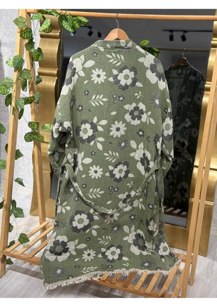 Müslin Kimono %100 Pamuklu Çiçek Desenli Jakarlı Bornoz Kaftan Sabahlık