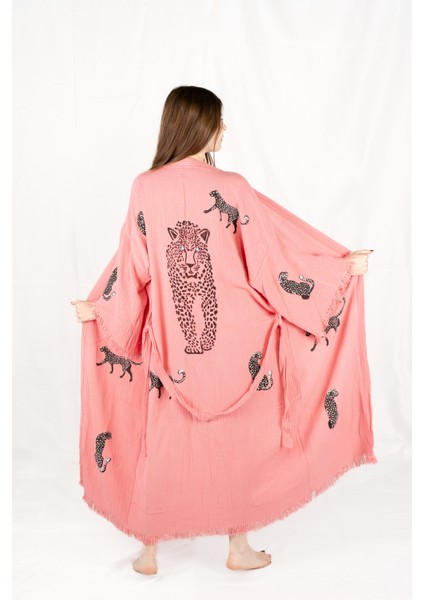 Müslin Kimono %100 Pamuklu Leopar Baskılı Desenli Bornoz Kaftan Sabahlık