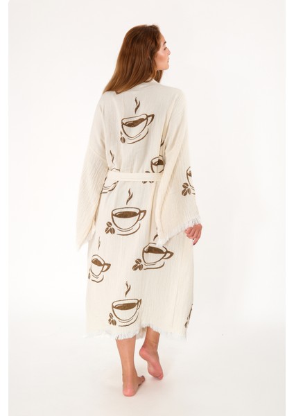 Müslin Kimono %100 Pamuklu Coffee Kahve Baskılı Desenli Bornoz Kaftan Sabahlık