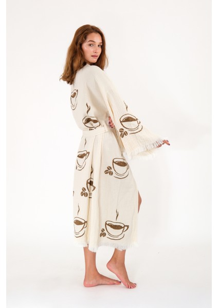 Müslin Kimono %100 Pamuklu Coffee Kahve Baskılı Desenli Bornoz Kaftan Sabahlık modelleri