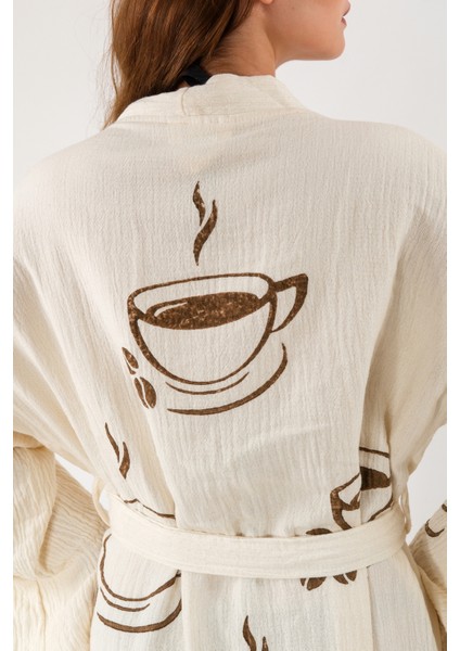Müslin Kimono %100 Pamuklu Coffee Kahve Baskılı Desenli Bornoz Kaftan Sabahlık fırsatları