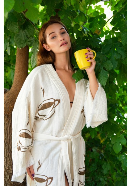 Müslin Kimono %100 Pamuklu Coffee Kahve Baskılı Desenli Bornoz Kaftan Sabahlık indirimleri