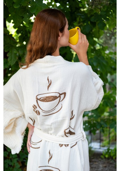 Müslin Kimono %100 Pamuklu Coffee Kahve Baskılı Desenli Bornoz Kaftan Sabahlık