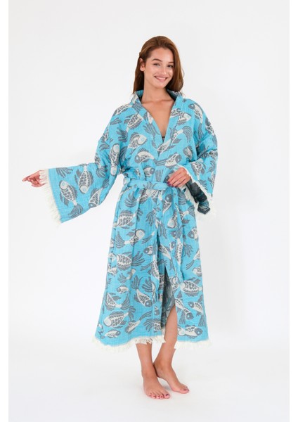 Müslin Kimono %100 Pamuklu Balık Desenli Jakarlı Bornoz Kaftan Sabahlık