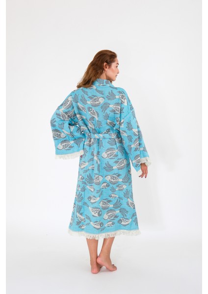 Müslin Kimono %100 Pamuklu Balık Desenli Jakarlı Bornoz Kaftan Sabahlık fiyatları