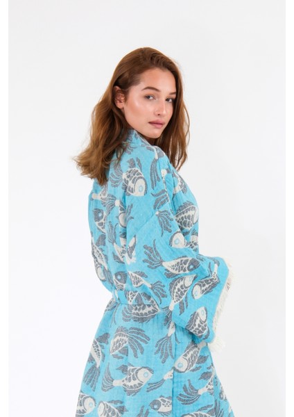 Müslin Kimono %100 Pamuklu Balık Desenli Jakarlı Bornoz Kaftan Sabahlık fırsatları