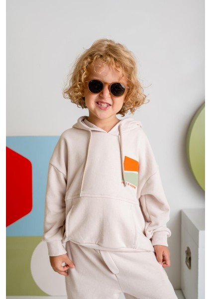 Erkek Çocuk Kapşonlu Kanguru Cepli Sweatshirt - Krem