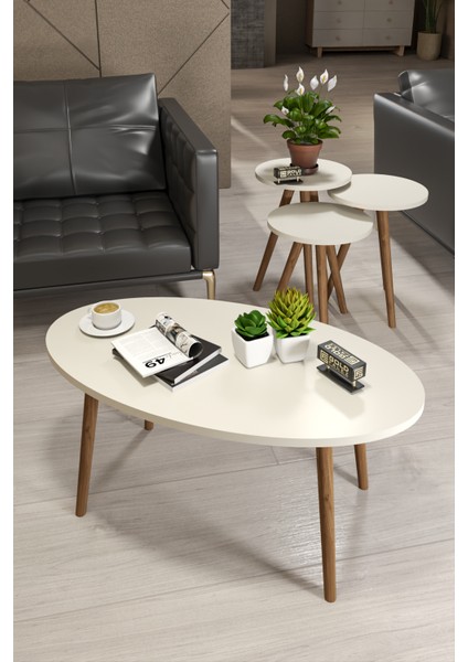 Mobilya Aksesuar ZİGON SEHPA VE ORTA SEHPA SET AHŞAP TORNA ELİPS KREM