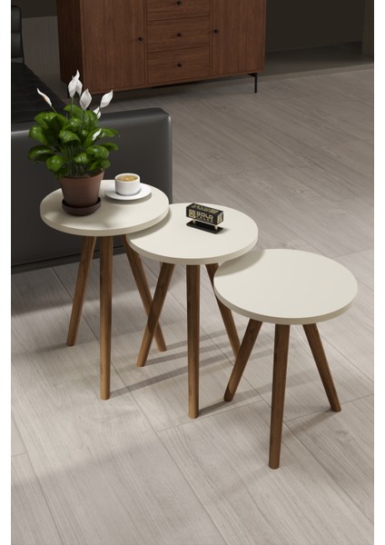 Mobilya Aksesuar ZİGON SEHPA VE ORTA SEHPA SET AHŞAP TORNA ELİPS KREM