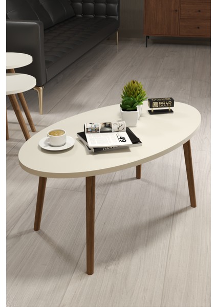 Mobilya Aksesuar ZİGON SEHPA VE ORTA SEHPA SET AHŞAP TORNA ELİPS KREM