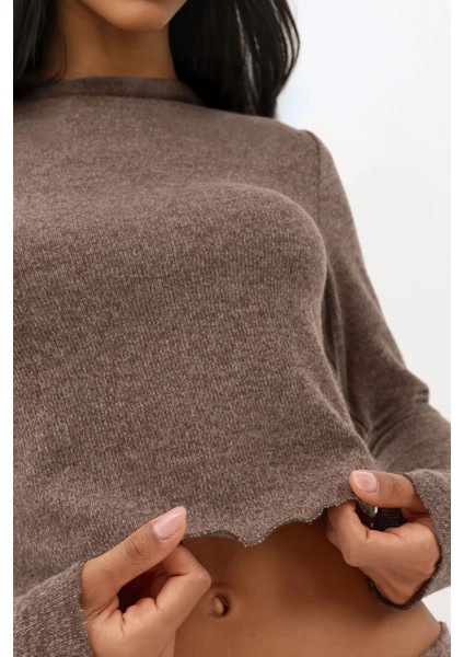 Kadın Yumuşak Dokulu Yarım Balıkçı Yaka Crop Bluz Busem Collection Brown fiyatları