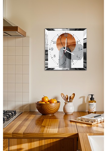 Gümüş Çerçeveli Soyut Geometrik Şekiller Temalı Dekoratif Mdf Duvar Saati fiyatları