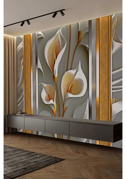 3D Altın Detaylı Kala Çiçeği Desenli Tekstil Duvar Kağıdı