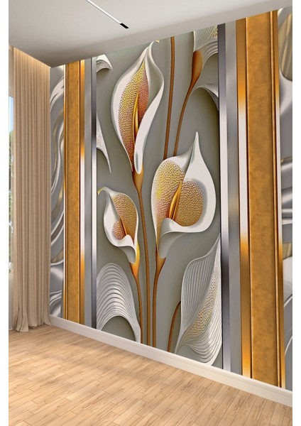 3D Altın Detaylı Kala Çiçeği Desenli Tekstil Duvar Kağıdı fiyatları